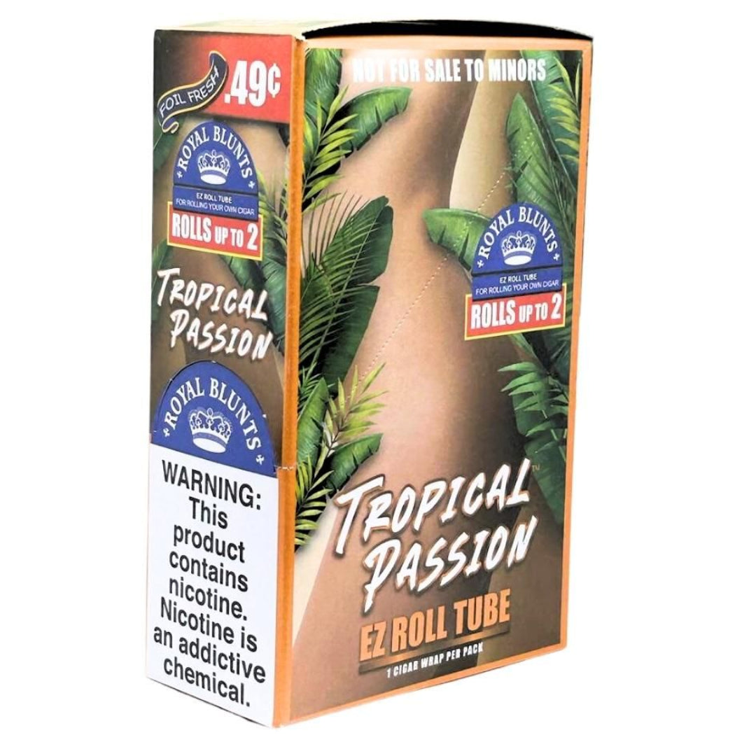 Royal Blunts Tropical Passion EZ Roll Tube packaging with branding and product details.