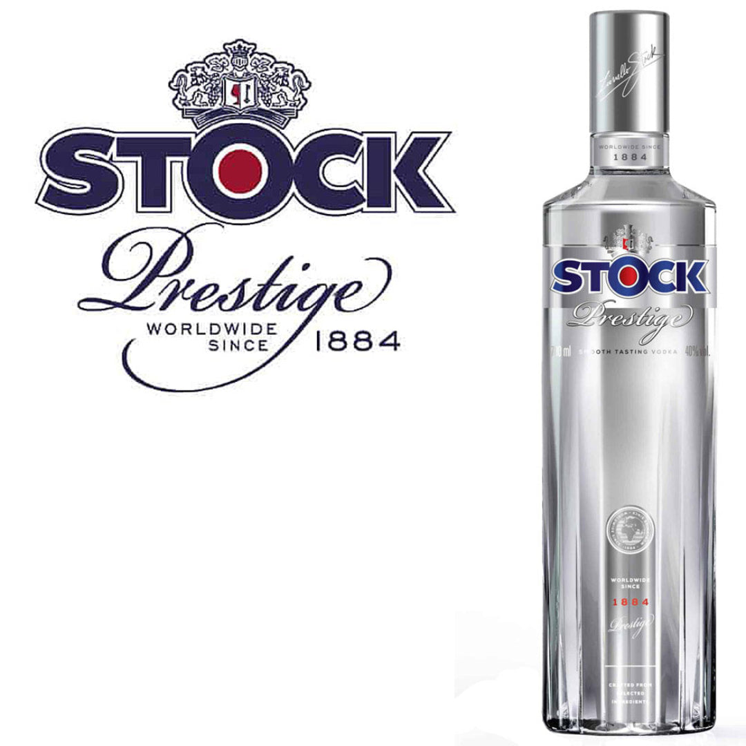 Stock Prestige bottle and logo on a white background