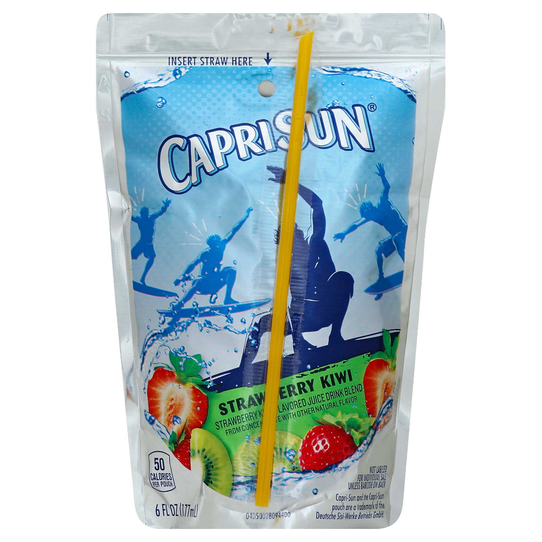 Capri Sun strawberry kiwi juice pouch with a straw on a white background