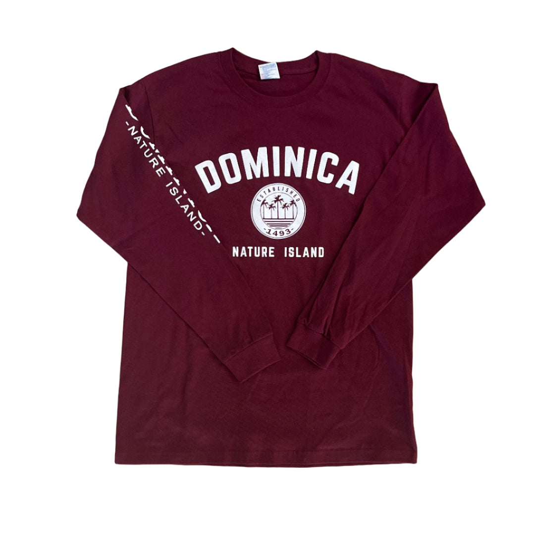 Maroon sweatshirt with 'Dominica Nature Island' text 