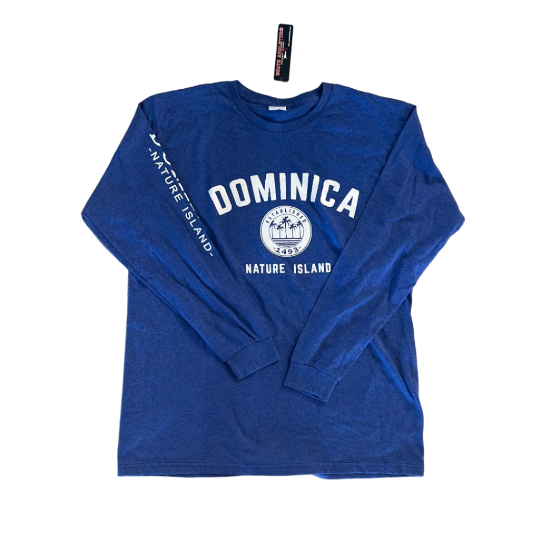 Blue t-shirt with 'Dominica Nature Island' text 